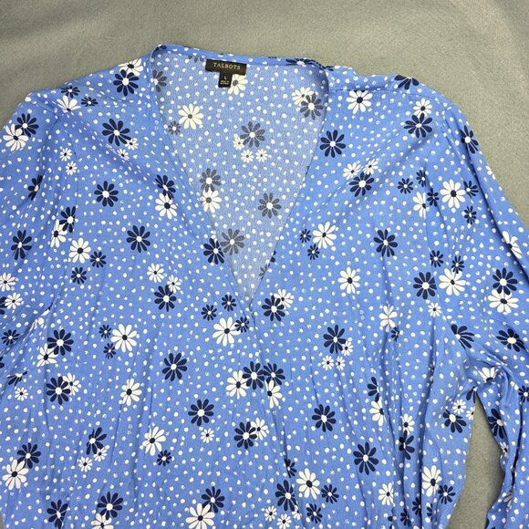 Talbots Shirt Womens Large Blue Daisy Floral Wrap Blouse Top Boho Preppy Casual - Picture 3 of 13